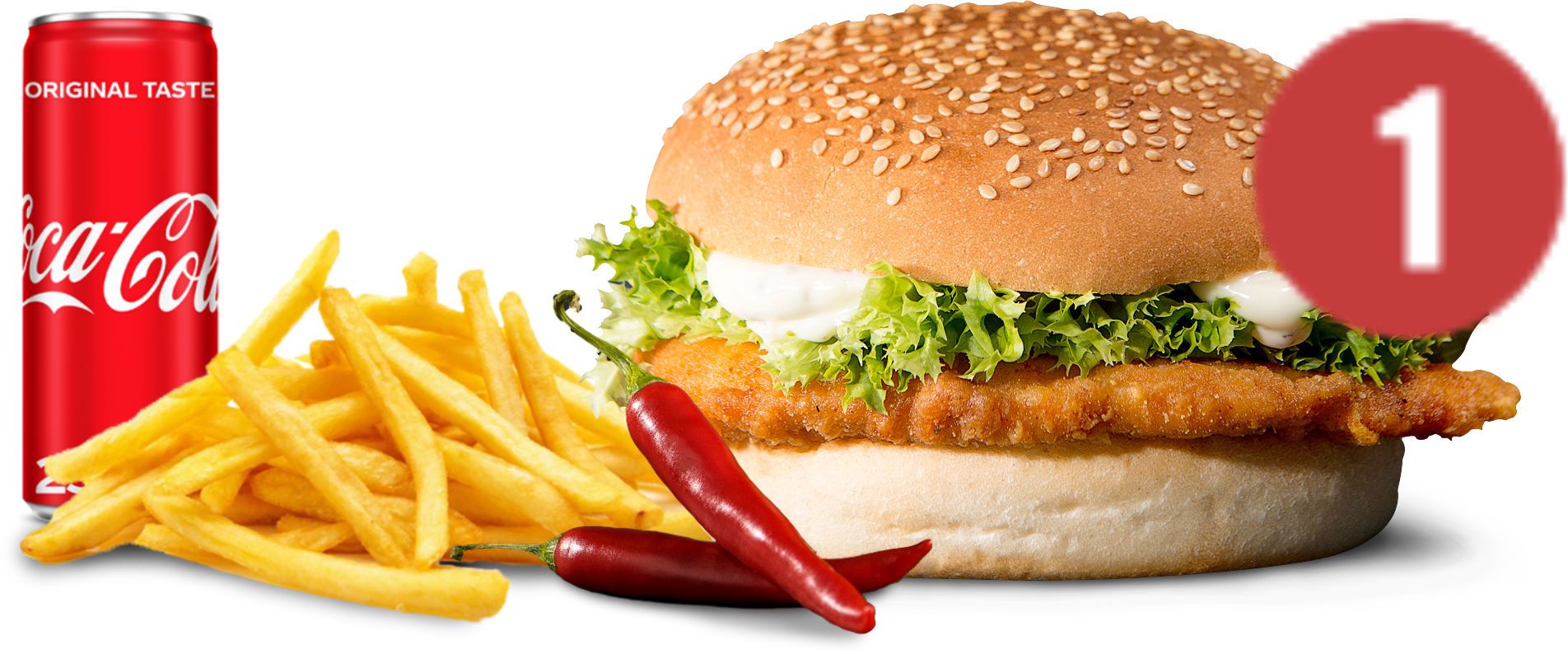Menu Hot-Kipburger spicy met patat en cola/fanta